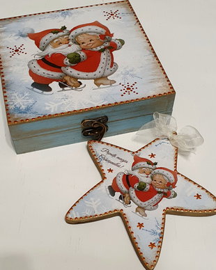Set cadou Craciun pentru bunici, format din cutie si stea din lemn, decorate manual