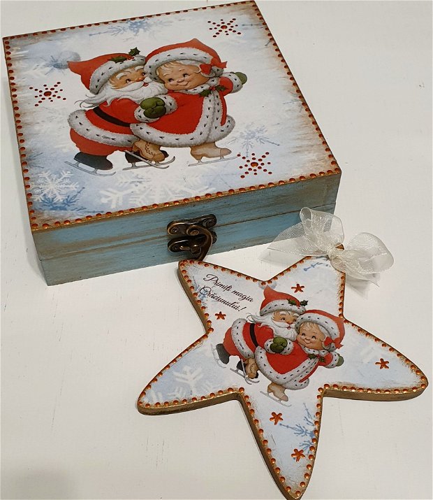 Set cadou Craciun pentru bunici, format din cutie si stea din lemn, decorate manual