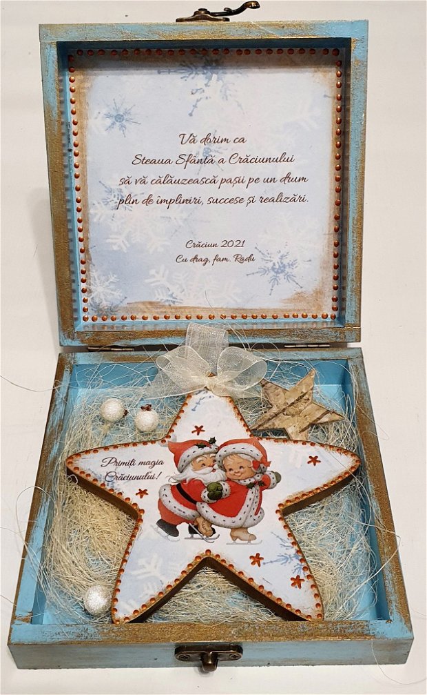 Set cadou Craciun pentru bunici, format din cutie si stea din lemn, decorate manual