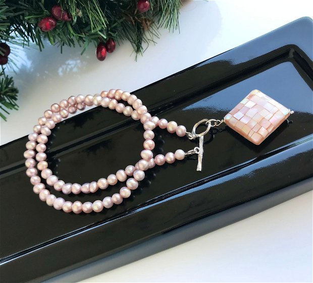 Colier cu perle de cultura roz și Pandativ Mother of Pearls