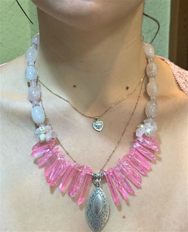 SET ~MYSTICAL PINK~ cuarț roz,cuarț electroplacat,perle de cultura,accesorii argintate,zamac argintat