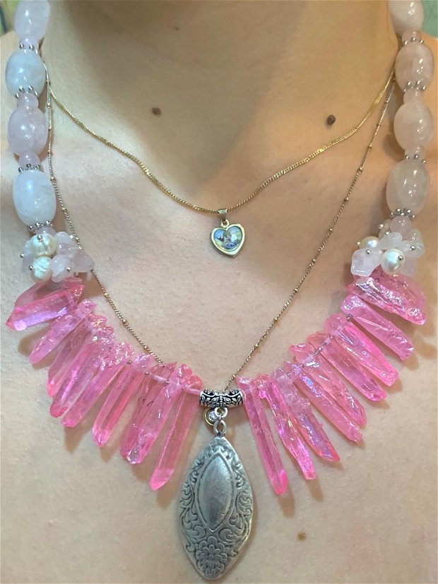 SET ~MYSTICAL PINK~ cuarț roz,cuarț electroplacat,perle de cultura,accesorii argintate,zamac argintat