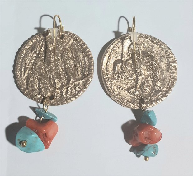 Cercei de autor din bronz, cu model antic, monede koson