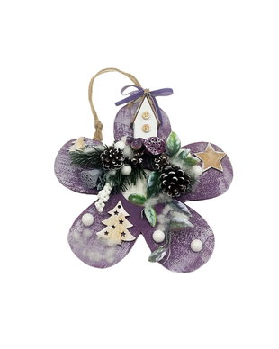 Decoratiune din lemn pentru Craciun, unicat, floare mov alb cu casuta si conuri, 21 cm (3090)
