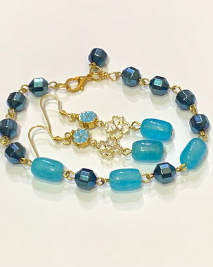 BRATARA ȘI CERCEI~BLUE FLOWER~jad vopsit,hematit electroplacat,link floare HQP cu zirconia,accesorii aurite,email