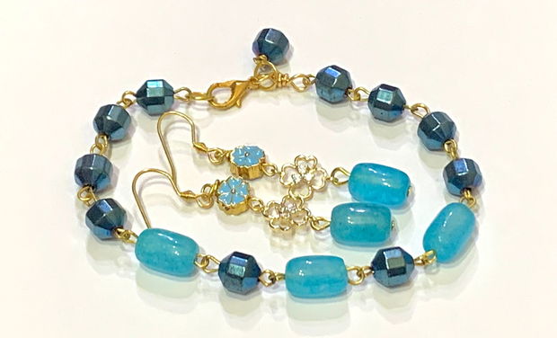 BRATARA ȘI CERCEI~BLUE FLOWER~jad vopsit,hematit electroplacat,link floare HQP cu zirconia,accesorii aurite,email