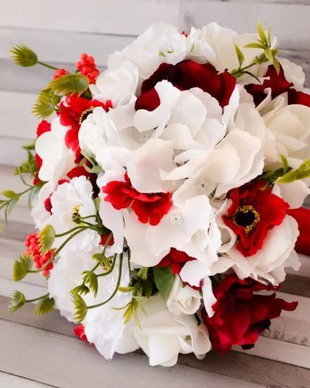 Buchet flori artificiale rosii si albe pentru mirese si nase