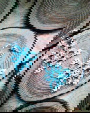 Cercei bleu cu alb din dantela frivolite, cercei lucrati cu suveicuta, bijuterii dantela tatting