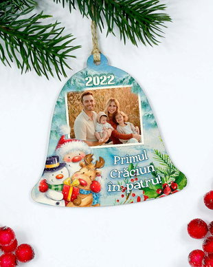 Ornament clopotel personalizat cu fotografie si text