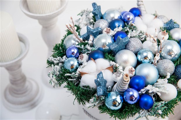 Aranjament Crăciun // Albastru + argintiu + alb