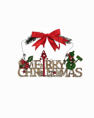 Decoratiune pentru Craciun din lemn si sarma, cu inscriptia Merry Christmas, om de zapada brad si casuta, rosu verde, 16 x 25 cm (3097)