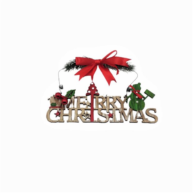 Decoratiune pentru Craciun din lemn si sarma, cu inscriptia Merry Christmas, om de zapada brad si casuta, rosu verde, 16 x 25 cm (3097)