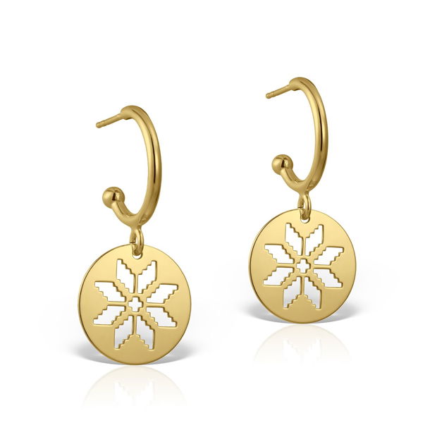 Cercei semicerc cu tija, charm banut motiv traditional floral Colul Morii, argint 925 placat cu aur de 18K/platina