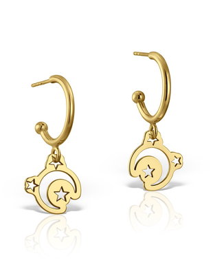 Cercei semicerc cu tija, charm semiluna si stele decupate, argint 925 placat cu aur de 18K/platina