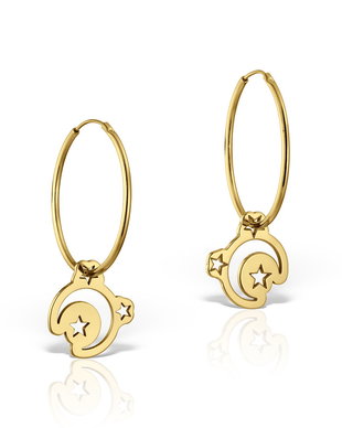 Cercei rotunzi cu charm semiluna si stele decupate, argint 925 placat cu aur de 18K/platina