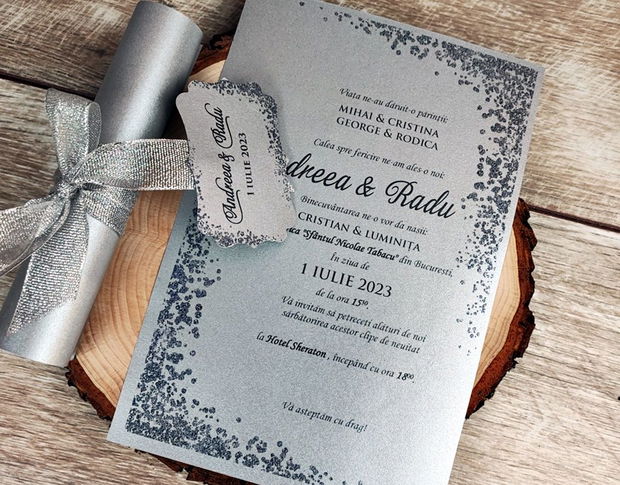 Invitatie papirus Silver Glitter