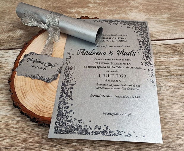 Invitatie papirus Silver Glitter