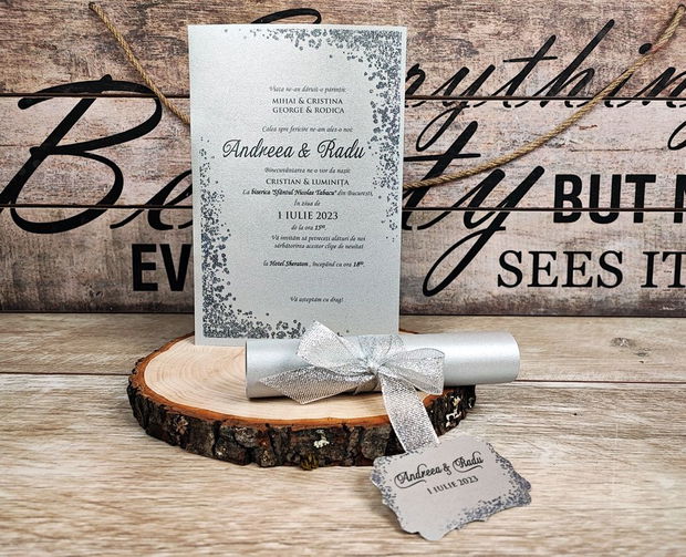 Invitatie papirus Silver Glitter