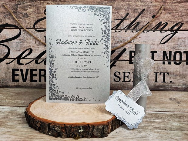 Invitatie papirus Silver Glitter