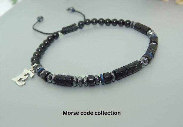 Bratara cod morse & initiala - barbati/unisex - cod morse - onix & hematit / Bratari personalizate