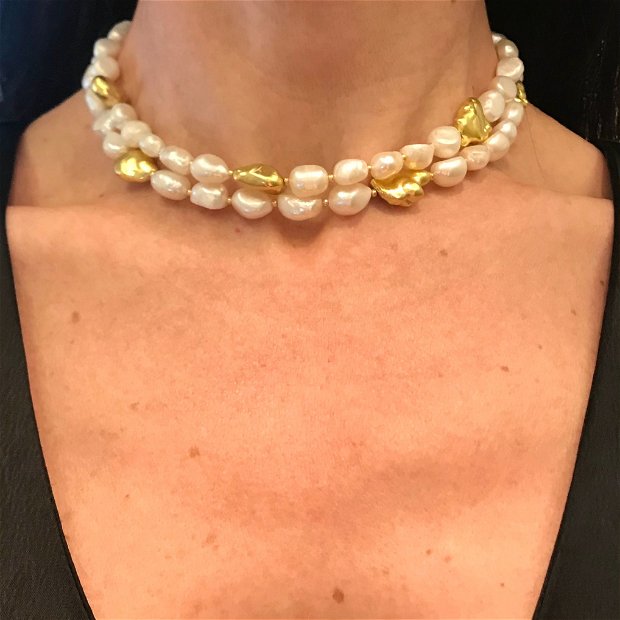 Colier cu perle de cultura 9-12 mm si perle baroc nuggets