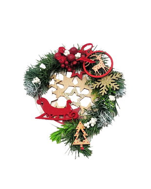 Decoratiune de agatat pentru Craciun, glob de lemn decorat cu crengute brad, diametru 14 cm (3098)