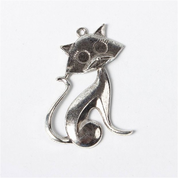 Pandantiv pisica, argintiu antichizat, 46x30x5mm