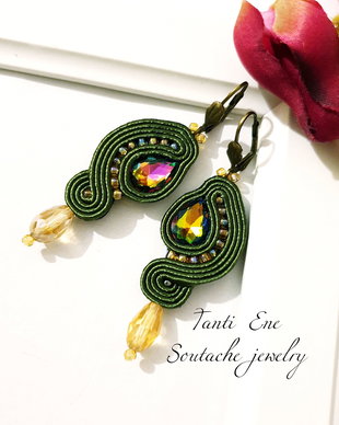 Cercei soutache oliv, Cercei verzi cu cristale