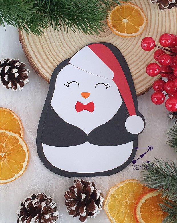 Felicitare Craciun pinguin, felicitare pinguin, felicitare Santa, felicitare rosie, felicitare sarbatori