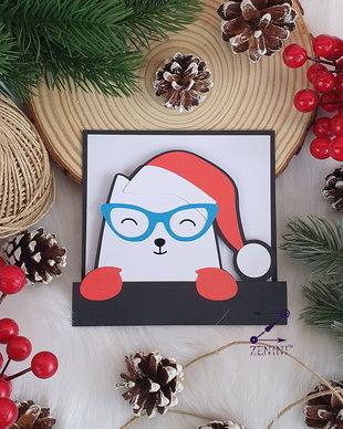 Felicitare Craciun "Santa Cat" rosu si negru, felicitare pisica, felicitare Santa Cat, felicitare rosie