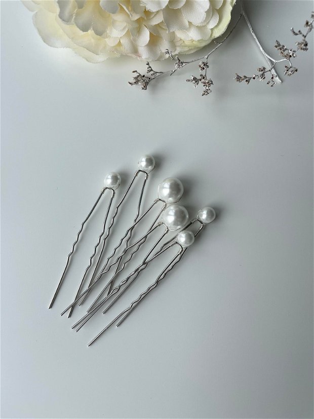 Set de 6 ace de par cu perle albe de sticla calitate premium de diferite dimensiuni | Accesorii mireasa
