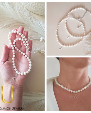 Colier cu perle de apa dulce si charm fluture