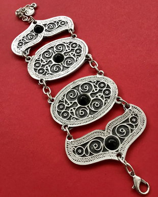 Bratara Boho onix negru & Zamac argintat
