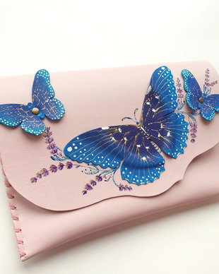 poseta plic handmade unicat din piele- Blye Butterfies