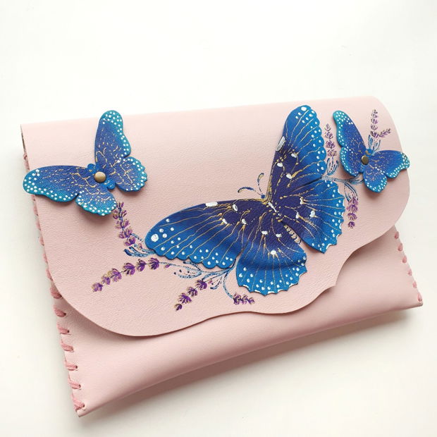 poseta plic handmade unicat din piele- Blye Butterfies