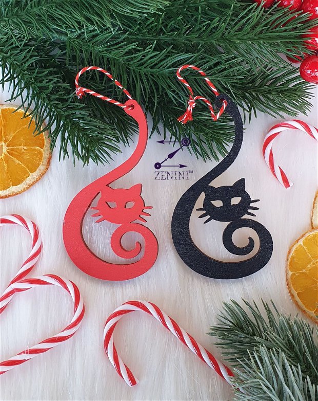 Ornament brad pisica neagra, ornament craciun pisica, ornament lemn pisica, decoratiune craciun pisica, glob pisica