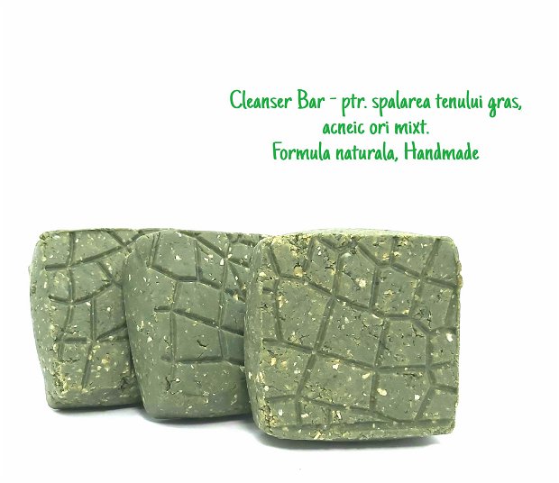 Argila verde, Tea Tree, Menta - Cleanser Bar ptr. spalarea tenului gras, acneic ori mixt (70 gr. circa)
