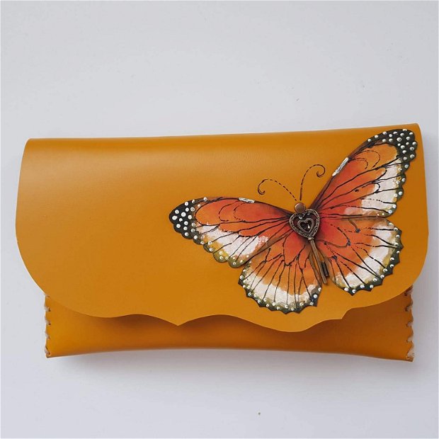 poseta plic handmade unicat din piele- Orange Butterfly