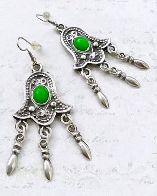 cercei boho Zamac argintat & Jad verde