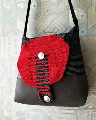 geanta texturi stofa /tricot ,  gri/rosu