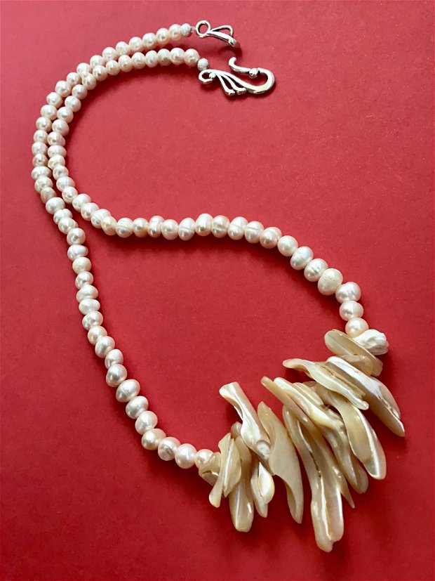 Colier perle de cultura albe & sidef natural