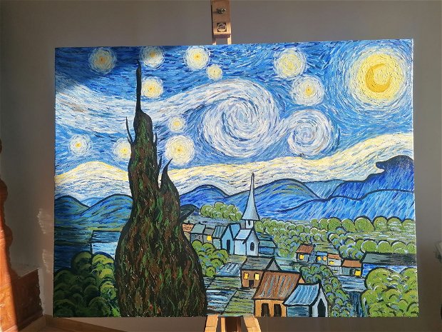 Tablou pictat manual reproducere dupa Vincent Van Gogh, O noapte înstelata 1899