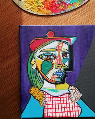 Tablou pictat pe pânză după Pablo Picasso, Femeia cu rochie in carouri si berete