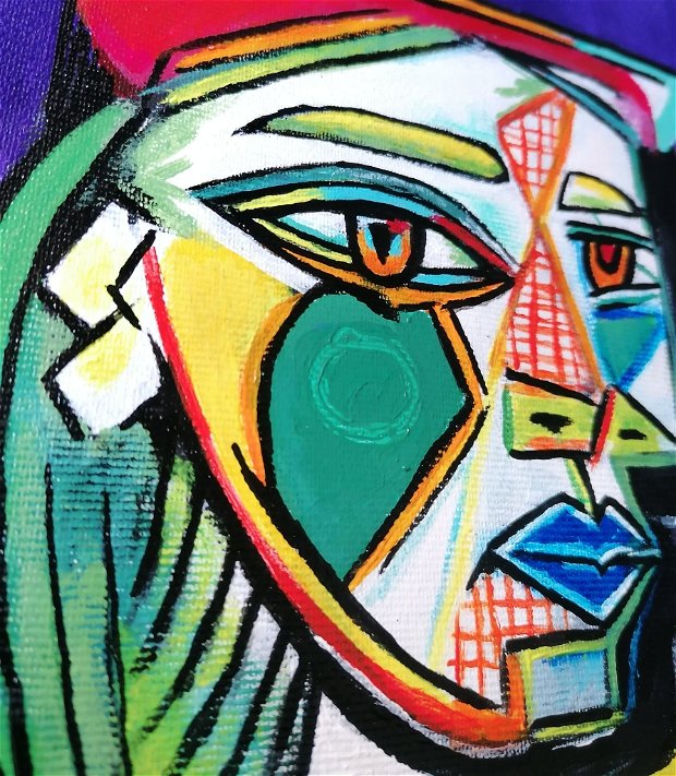 Tablou pictat pe pânză după Pablo Picasso, Femeia cu rochie in carouri si berete