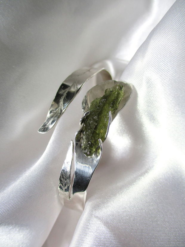 Bratara statement argint si moldavit brut "Floare cu frunze", reglabila