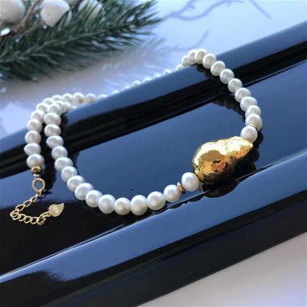 Colier argint 925 cu perla baroc electroplacata auriu  și perle de cultura