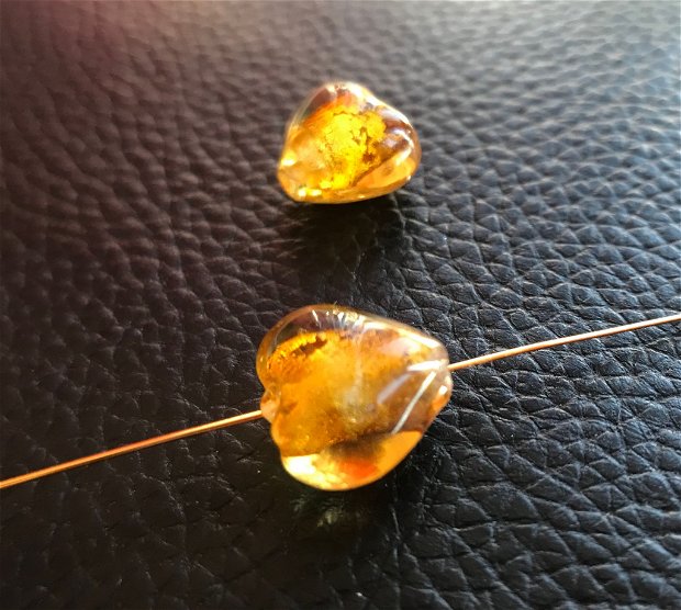 Margele de sticla /lampwork, inima, auriu, 12x8 mm - 1 bucata