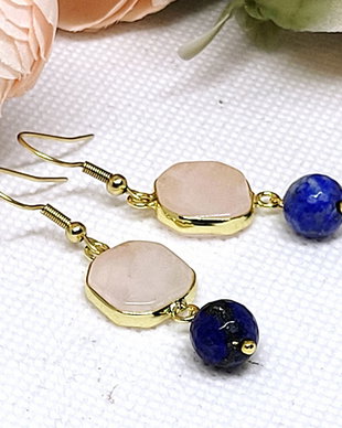 Cercei inox auriu cu cuart si lapis lazuli