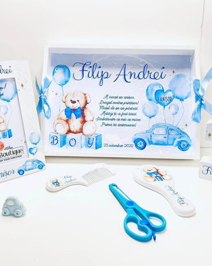 Set aniversar personalizat 1 anisor - Ursuletul si baloanele - Tavita mot si accesorii
