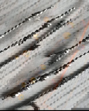 Cercei asimetrici din argint reticulat si oxidat si bobite din alama, crengute inmugurite